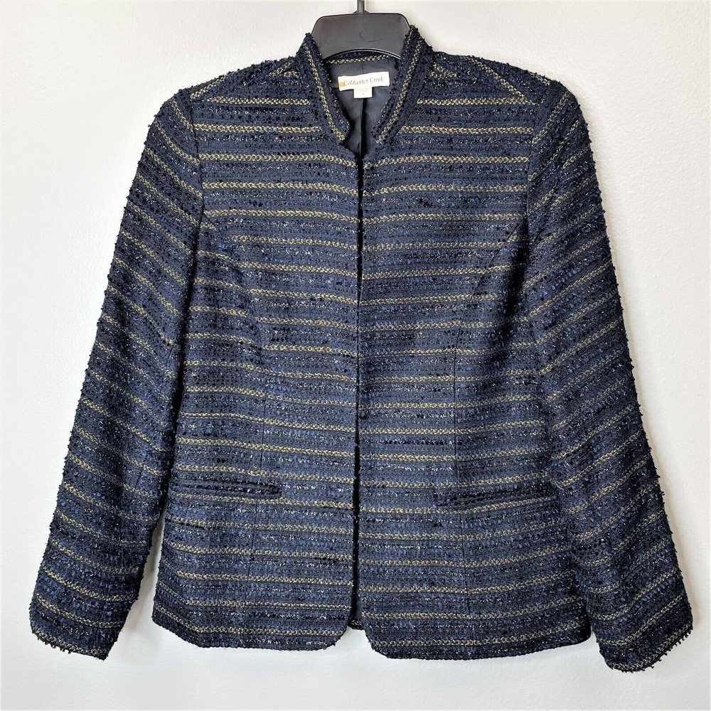 Coldwater Creek Womens Suit Jacket Blazer Blue Metallic Stripe Pockets Size 8